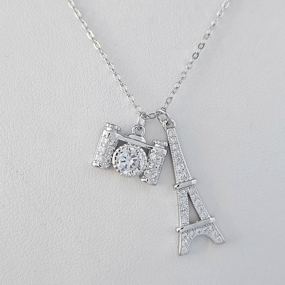 Paris Eiffel Tower and Camera Necklace, 925 Sterling Silver - Picture 3 of 6